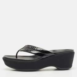 Prada Black Patent Leather Platform Thong Sandals Size 38