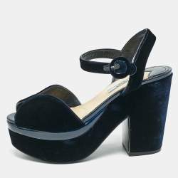 Prada Navy Blue Velvet Block Heel Platform Ankle Strap Sandals Size 38