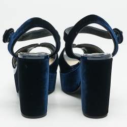 Prada Navy Blue Velvet Block Heel Platform Ankle Strap Sandals Size 38