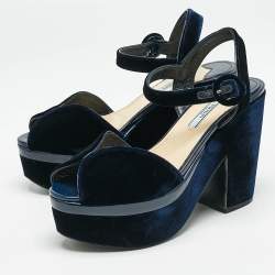 Prada Navy Blue Velvet Block Heel Platform Ankle Strap Sandals Size 38