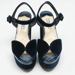 Prada Navy Blue Velvet Block Heel Platform Ankle Strap Sandals Size 38
