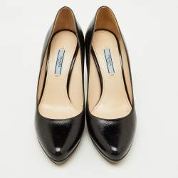Prada Black Saffiano Patent Leather Round Toe Pumps Size 39