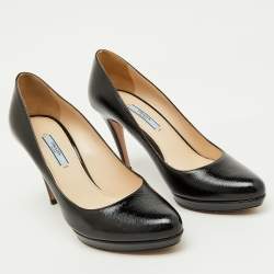 Prada Black Saffiano Patent Leather Round Toe Pumps Size 39