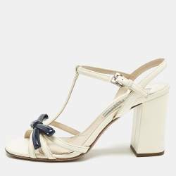 Prada Cream/Blue Patent Leather Ankle Strap Sandals Size 36.5