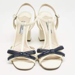 Prada Cream/Blue Patent Leather Ankle Strap Sandals Size 36.5