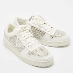 Pre Owned Prada White Leather Crystals Embellished Low Top Sneakers Size 39