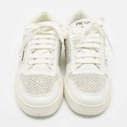 Pre Owned Prada White Leather Crystals Embellished Low Top Sneakers Size 39