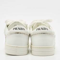 Pre Owned Prada White Leather Crystals Embellished Low Top Sneakers Size 39