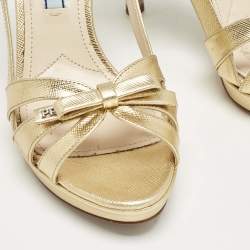 Pre Owned Prada Gold Leather Bow Strappy Slingback Sandals Size 35
