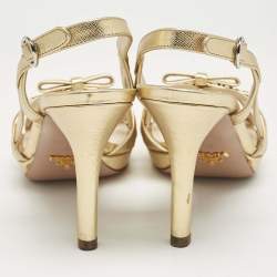 Pre Owned Prada Gold Leather Bow Strappy Slingback Sandals Size 35