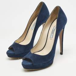 Prada Blue Suede Peep Toe Platform Pumps Size 37.5