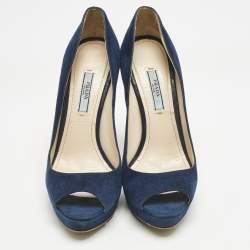 Prada Blue Suede Peep Toe Platform Pumps Size 37.5