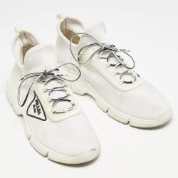 Prada White Logo Knit Fabric Low Top Sneakers Size 37