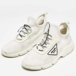 Prada White Logo Knit Fabric Low Top Sneakers Size 37
