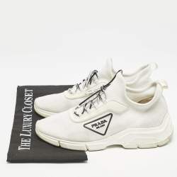 Prada White Logo Knit Fabric Low Top Sneakers Size 37