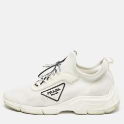 Prada White Logo Knit Fabric Low Top Sneakers Size 37