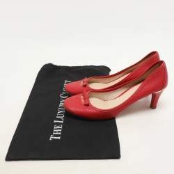 Prada Red Perforated Leather Bow Embellished Pumps Size 38.5