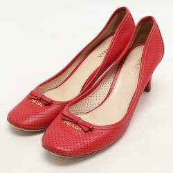 Prada Red Perforated Leather Bow Embellished Pumps Size 38.5