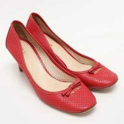 Prada Red Perforated Leather Bow Embellished Pumps Size 38.5