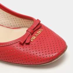Prada Red Perforated Leather Bow Embellished Pumps Size 38.5