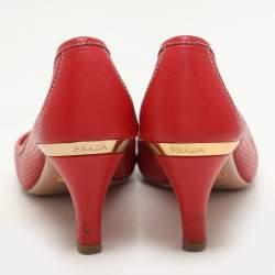 Prada Red Perforated Leather Bow Embellished Pumps Size 38.5