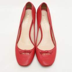 Prada Red Perforated Leather Bow Embellished Pumps Size 38.5