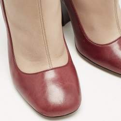 Prada Beige/Burgundy Leather Mid Calf Boots Size 39