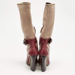 Prada Beige/Burgundy Leather Mid Calf Boots Size 39