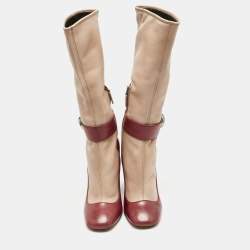 Prada Beige/Burgundy Leather Mid Calf Boots Size 39