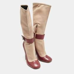 Prada Beige/Burgundy Leather Mid Calf Boots Size 39