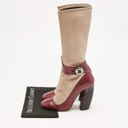 Prada Beige/Burgundy Leather Mid Calf Boots Size 39