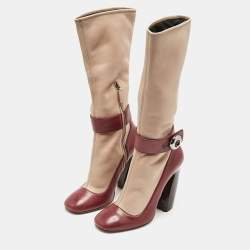Prada Beige/Burgundy Leather Mid Calf Boots Size 39