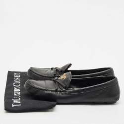 Prada Black Leather Bow Logo Embellished Slip On Loafers Size 40