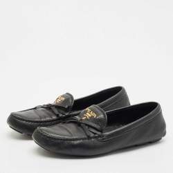 Prada Black Leather Bow Logo Embellished Slip On Loafers Size 40