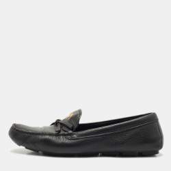 Prada Black Leather Bow Logo Embellished Slip On Loafers Size 40