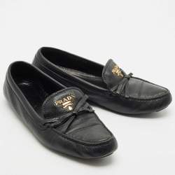 Prada Black Leather Bow Logo Embellished Slip On Loafers Size 40