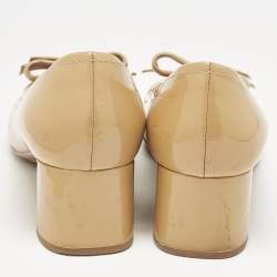Prada Beige Patent Leather Bow Block Heel Pumps Size 39.5