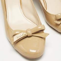 Prada Beige Patent Leather Bow Block Heel Pumps Size 39.5
