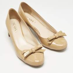 Prada Beige Patent Leather Bow Block Heel Pumps Size 39.5