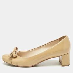 Prada Beige Patent Leather Bow Block Heel Pumps Size 39.5