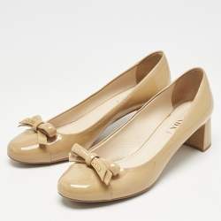 Prada Beige Patent Leather Bow Block Heel Pumps Size 39.5