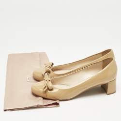 Prada Beige Patent Leather Bow Block Heel Pumps Size 39.5