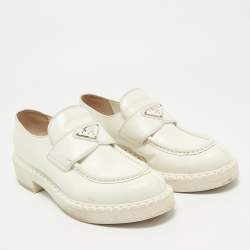 Prada White Leather Logo Plaque Slip On Loafers Size 39.5