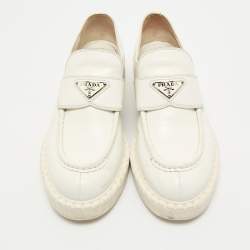 Prada White Leather Logo Plaque Slip On Loafers Size 39.5
