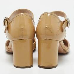 Prada Beige Patent Leather Block Heel Mary Jane Pumps Size 39