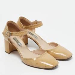 Prada Beige Patent Leather Block Heel Mary Jane Pumps Size 39