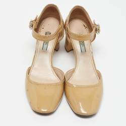Prada Beige Patent Leather Block Heel Mary Jane Pumps Size 39