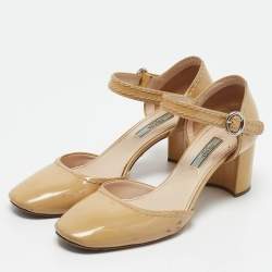 Prada Beige Patent Leather Block Heel Mary Jane Pumps Size 39