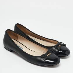 Pre Owned Prada Black Leather and Patent Leather Cap Toe Bow Ballet Flats Size 38