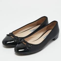 Pre Owned Prada Black Leather and Patent Leather Cap Toe Bow Ballet Flats Size 38